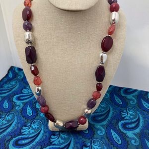 Beaded Burgundy,Pink and Silver Necklace